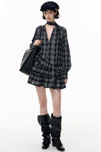 Plaid Ruffle Long Sleeve Shirt Dress