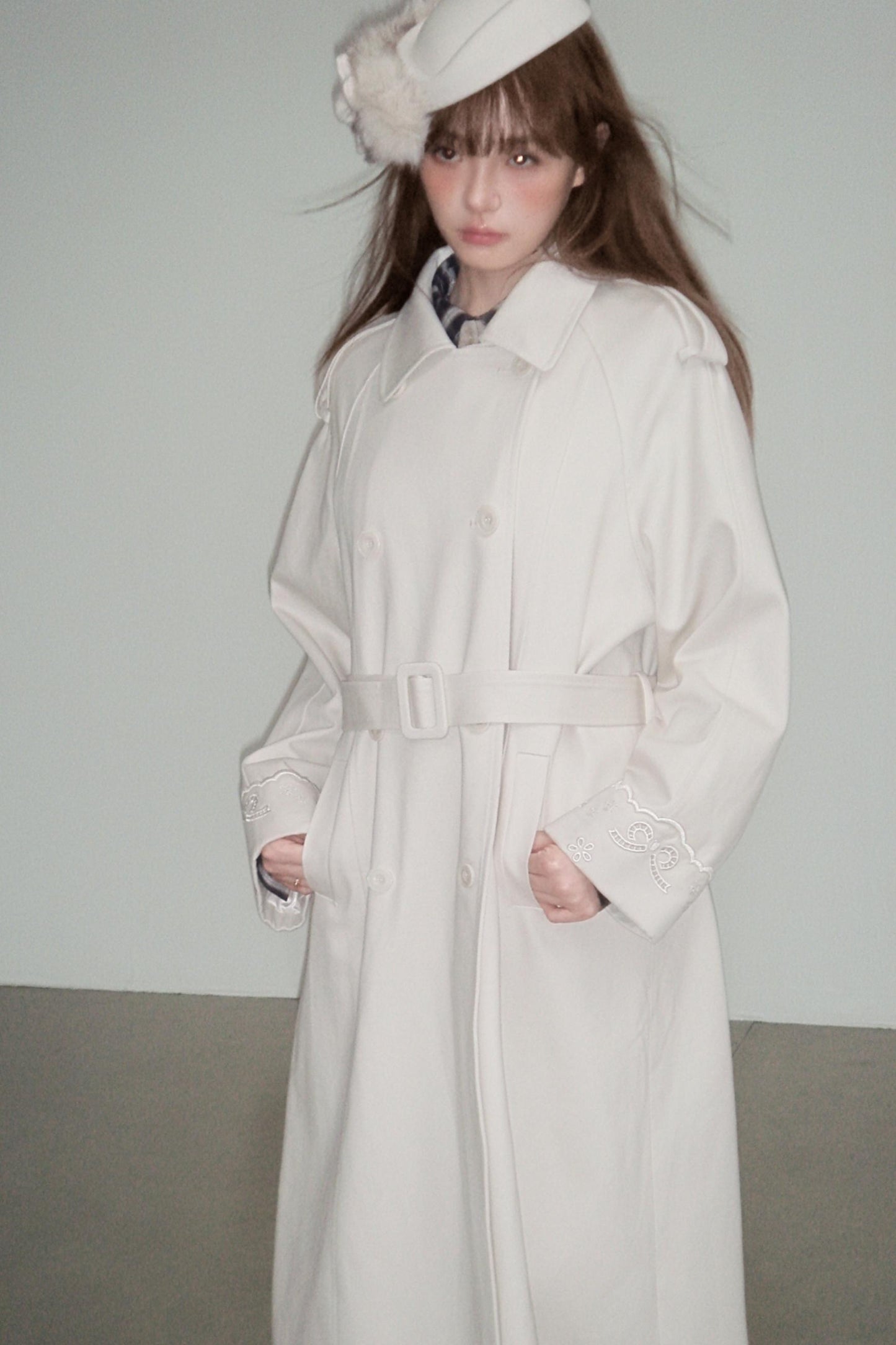 Creamy Hollow Flower Trench Coat