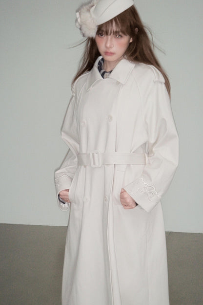 Creamy Hollow Flower Trench Coat