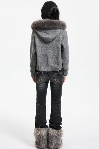 Knitted Sweater Jacket with Fur Collar