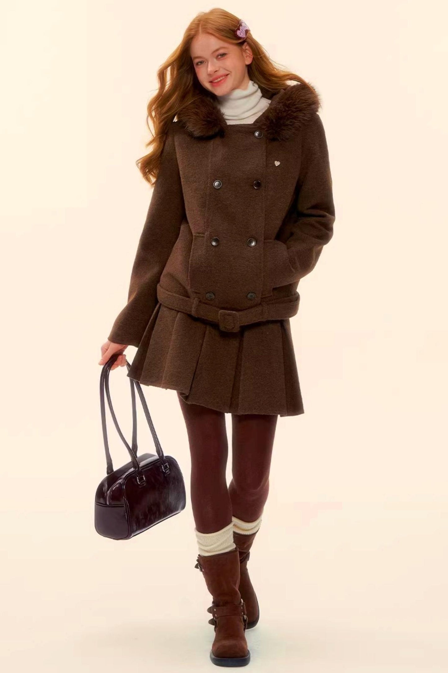 Retro Coffee Woolen Coat Skirt Set-Up