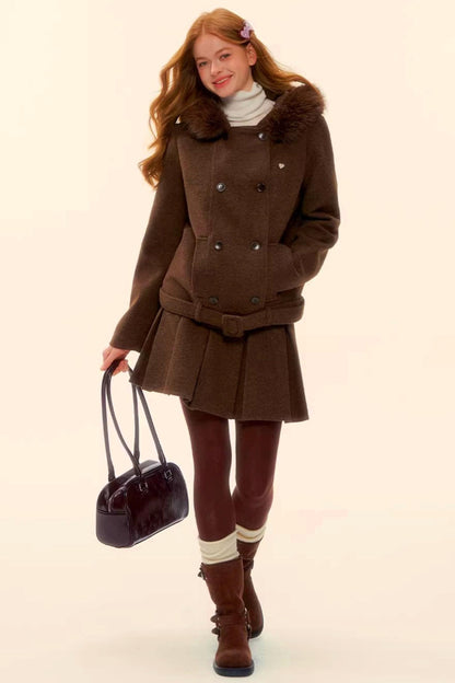 Retro Coffee Woolen Coat Skirt Set-Up