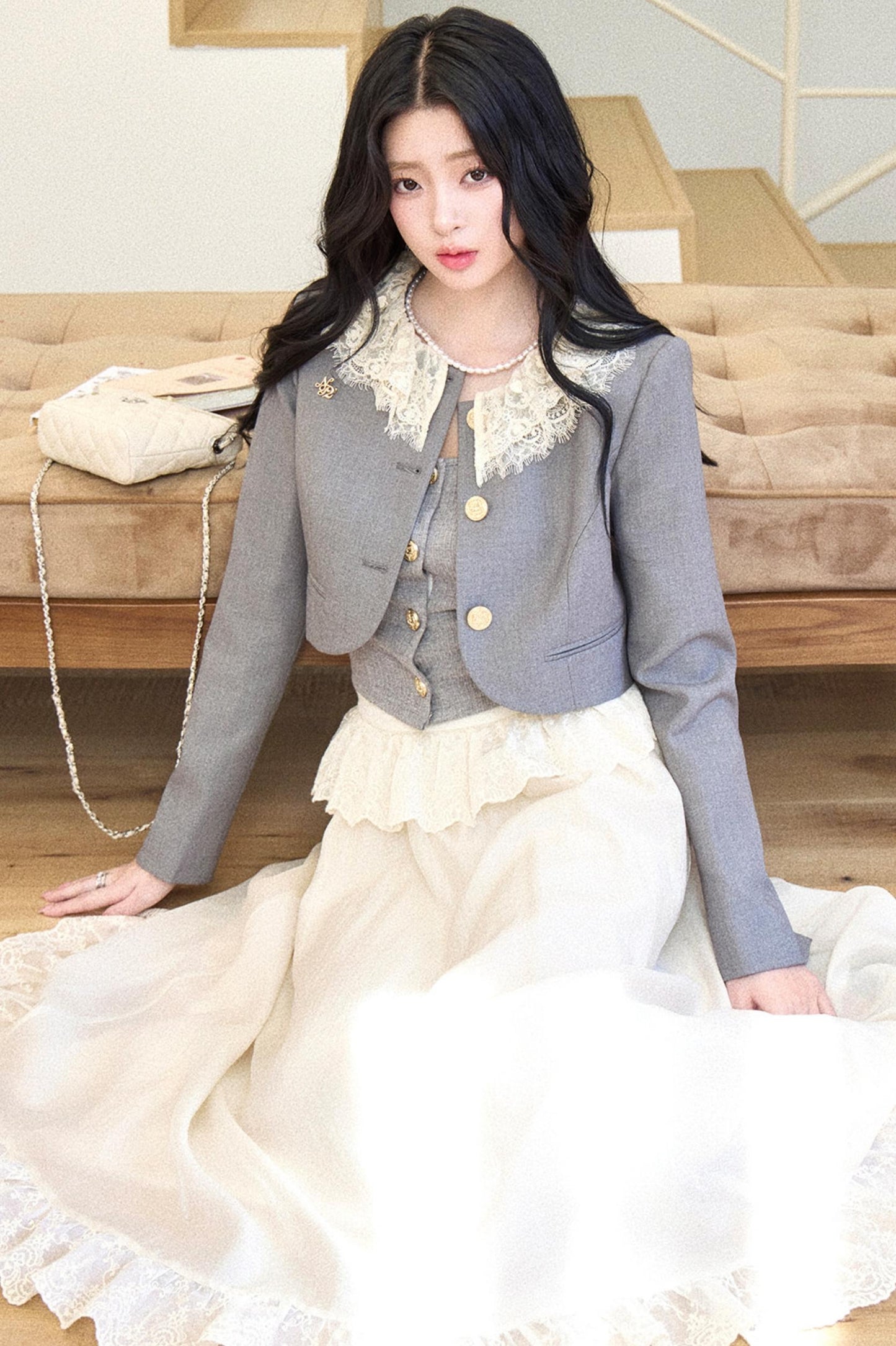 Lace Collar Gray Suit Set-Up