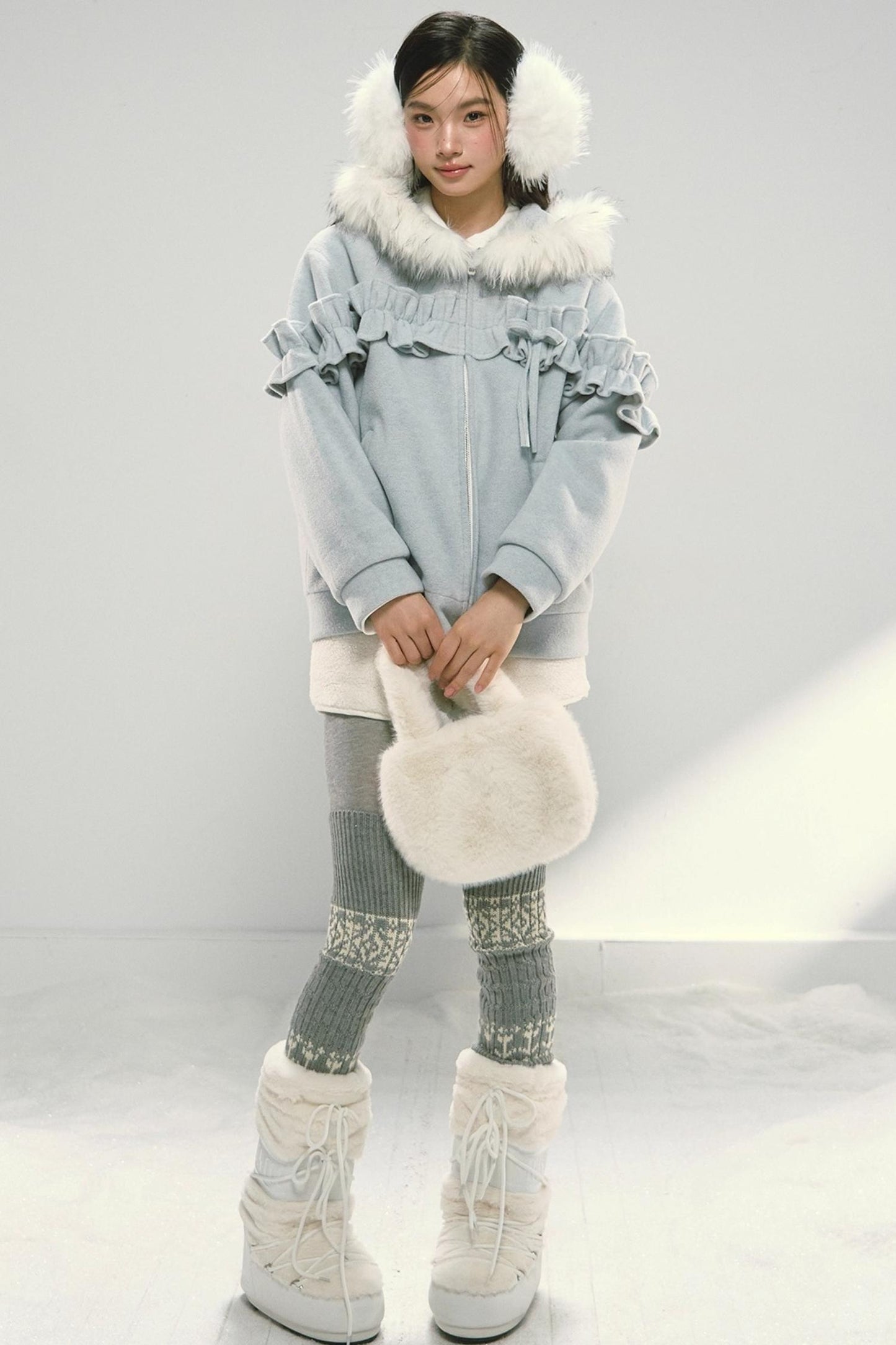 Pink Lace Fur Hooded Tweed Jacket