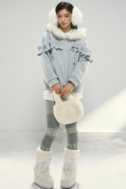 Pink Lace Fur Hooded Tweed Jacket