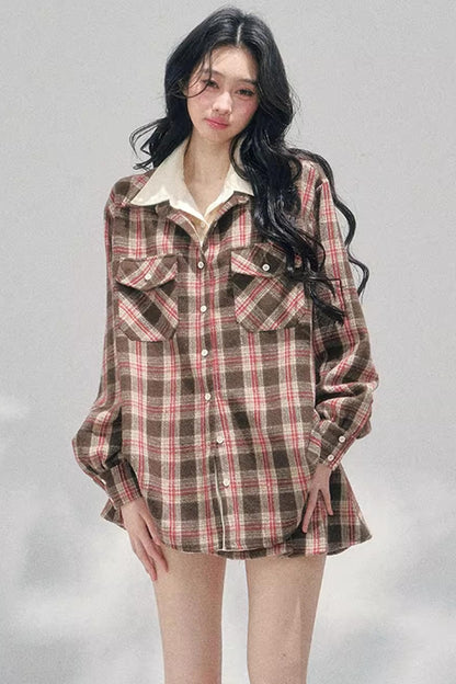 British Cafe Plaid Shirt and Short Skirt Set-Up