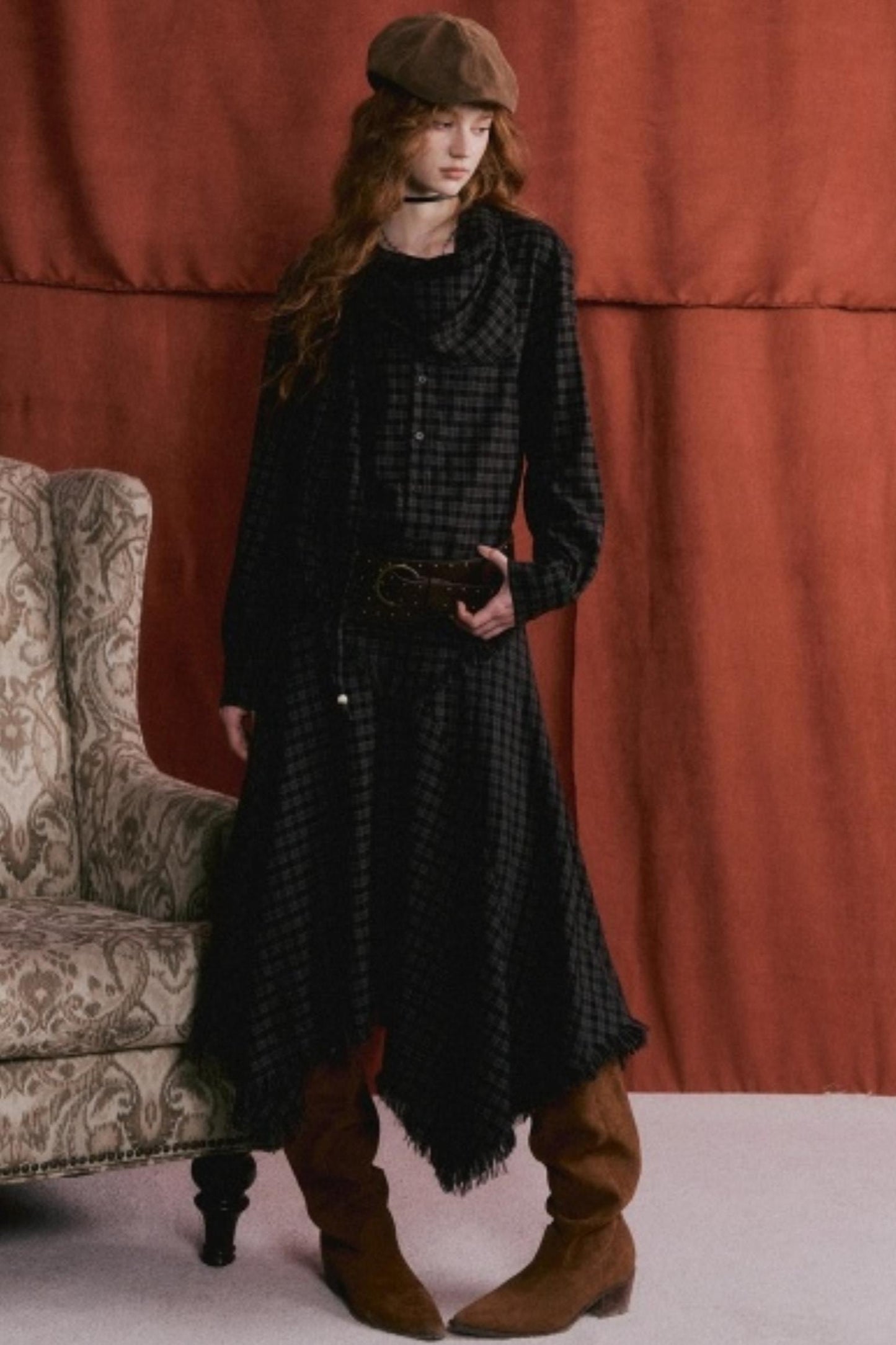 Frayed Hem Plaid Midi Skirt Belt Set