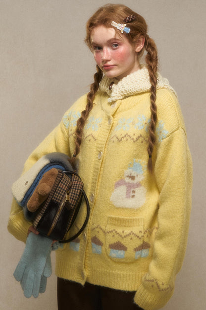 Vintage Snowman Jacquard Knit Cardigan