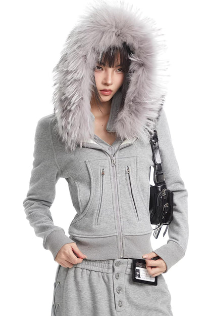 Korean Fur Collar Hooded Jacket Set-Up