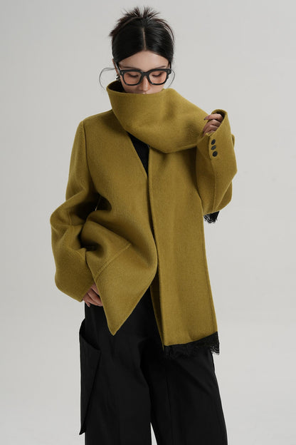 Scarf Patchwork Lace Woolen Coat