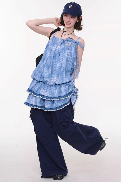 Summer Blue Plaid Lace Dress