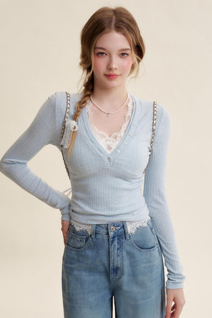 Lace V-Neck Knit Sweater Set-Up