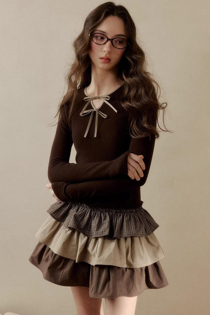 Retro Plaid Knit Tutu Skirt Dress