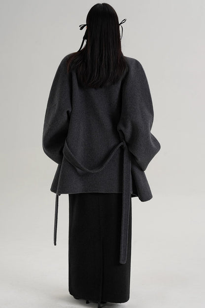 Elegant Woolen Lace-Up Coat