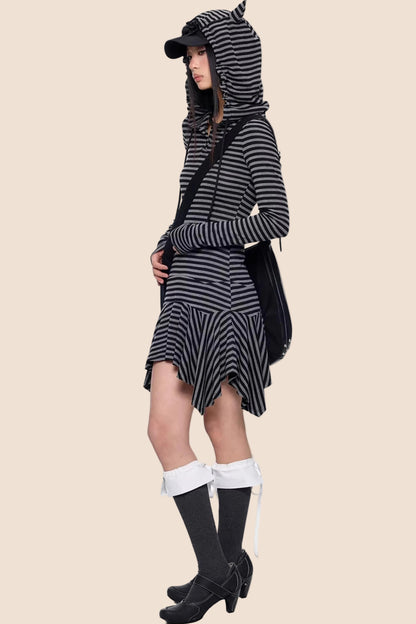 Retro Y2K Gestreiftes Kapuzenkleid
