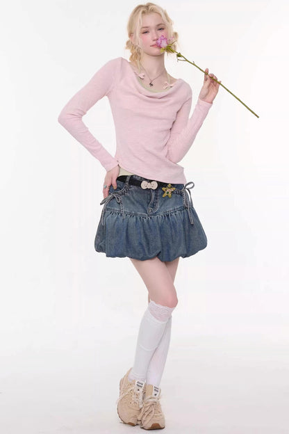 Sweet Bubble Bowknot Denim Skirt