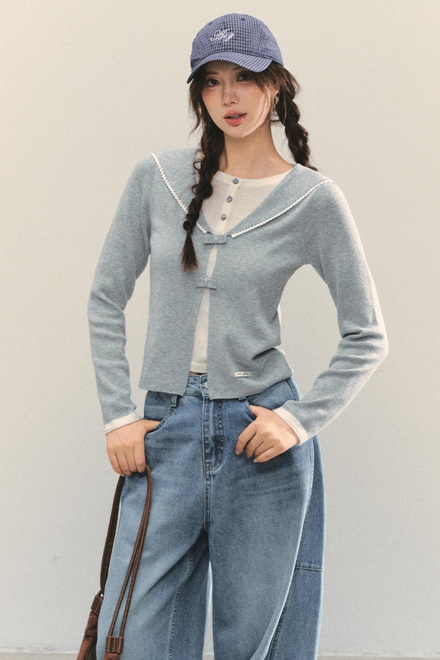 Sweet Navy Neck Knit Cardigan