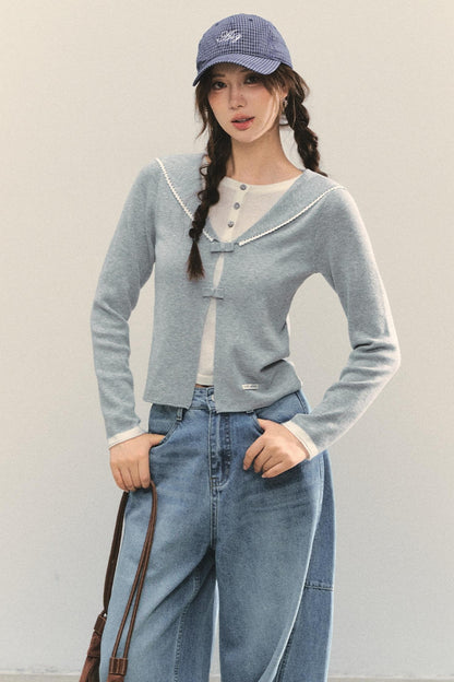 Sweet Navy Neck Knit Cardigan