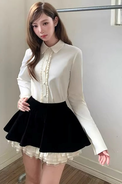 Velvet Patchwork Long-Sleeve Shirt Set-Up