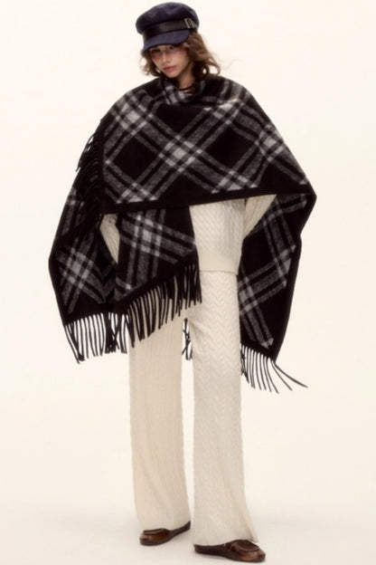 Retro Plaid Tassel Cape Shawl