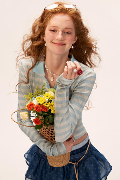 Distressed Striped Long Sleeve Polo Collar T-Shirt