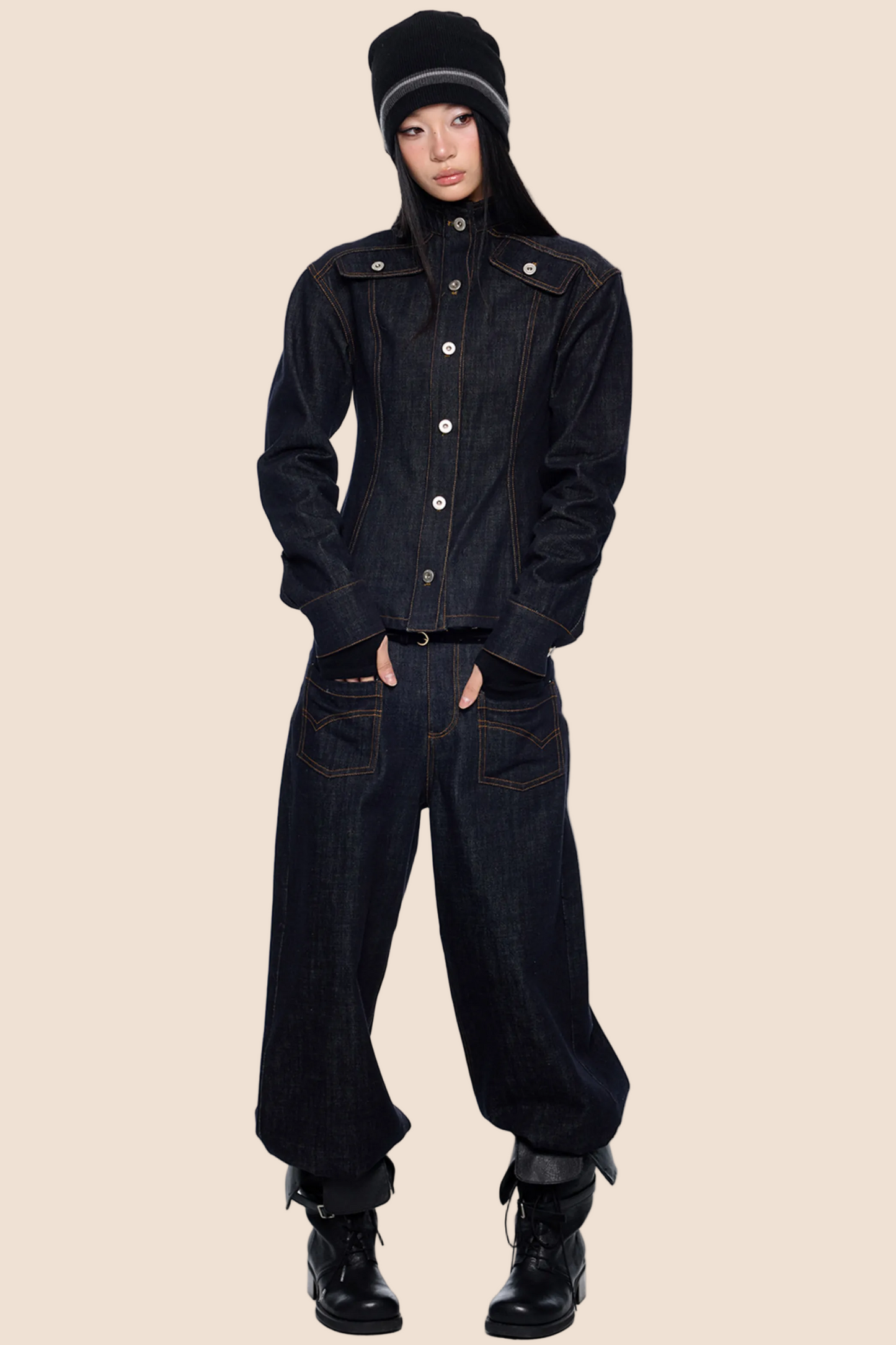 Wide-Shoulder Denim Jacket Set-Up