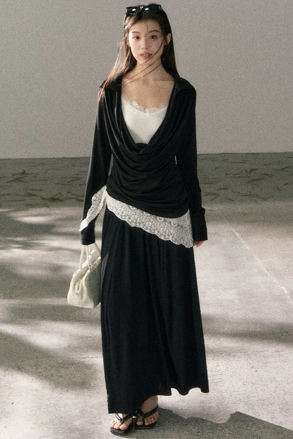 Draped Collar Lace Top Skirt Set-Up