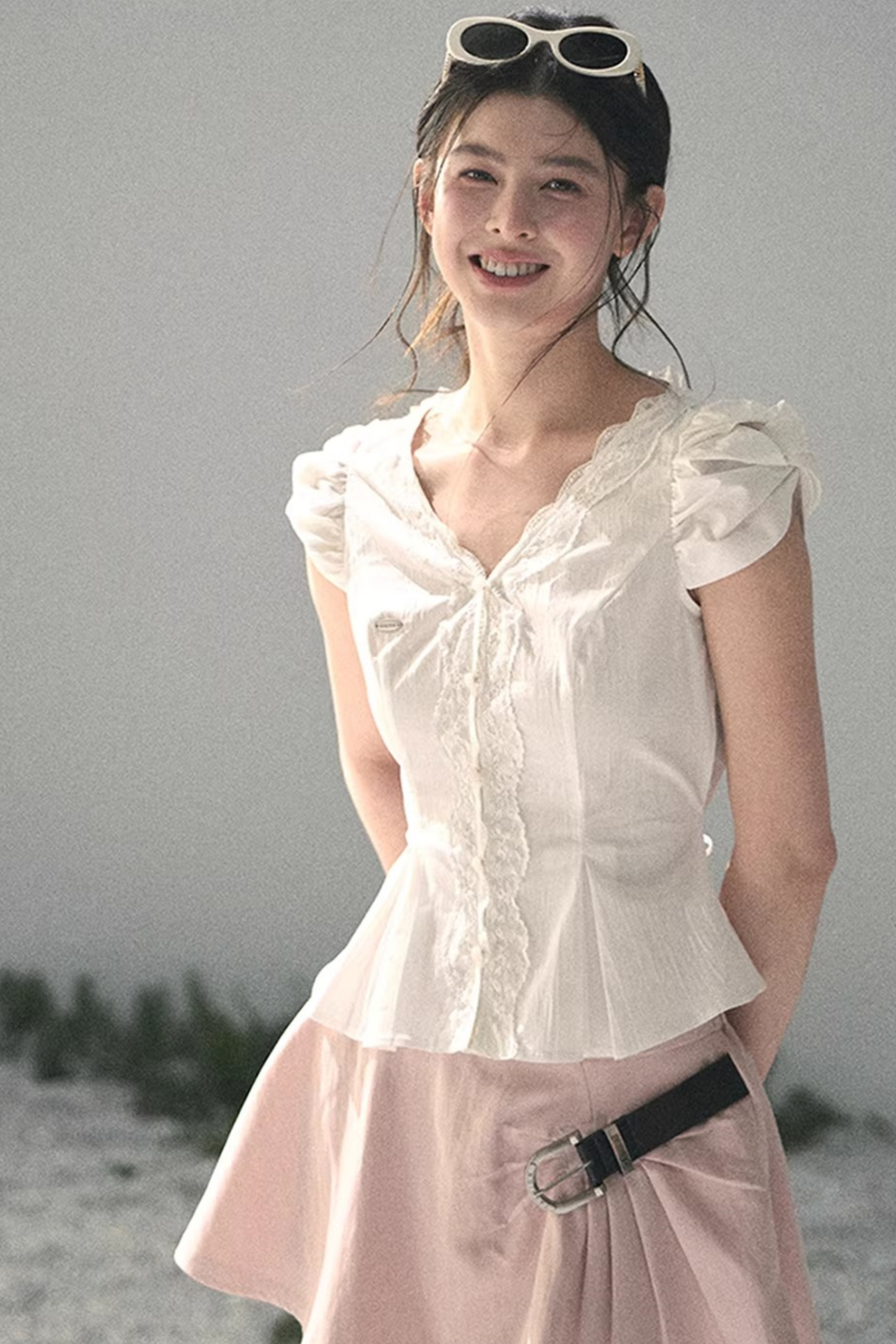 French V-Neck Lace Blouse