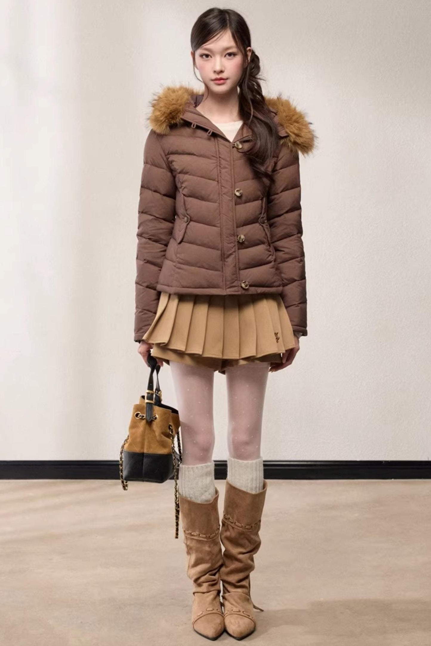 Fur Collar Hooded Slim Fit Jacket
