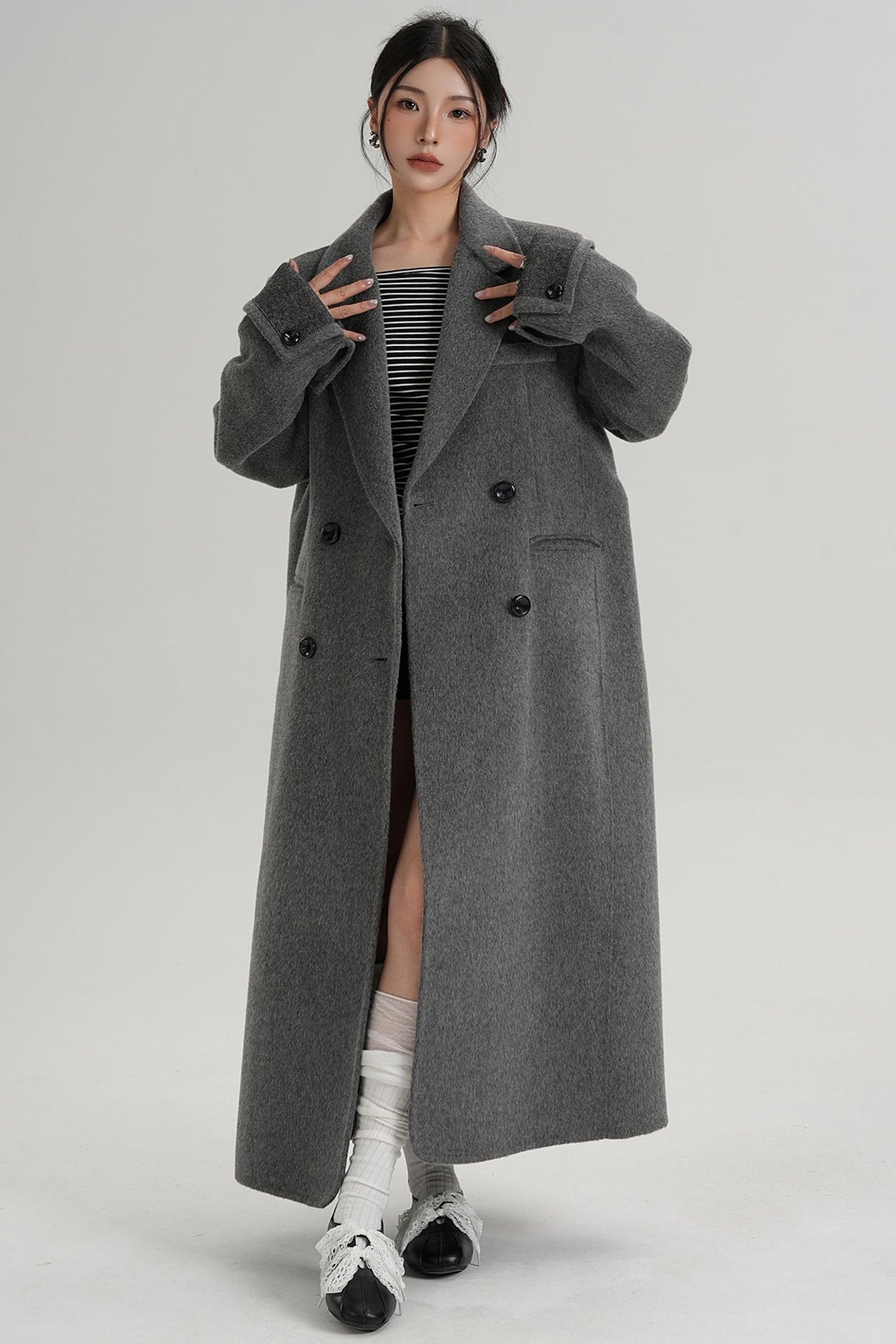 Turn-Sleeve Suit Collar Long Wool Coat