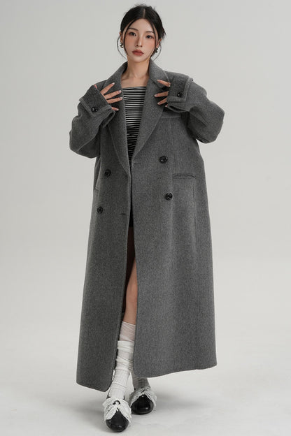 Turn-Sleeve Suit Collar Long Wool Coat
