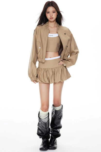 Khaki Cropped Jacket Skirt Set-Up