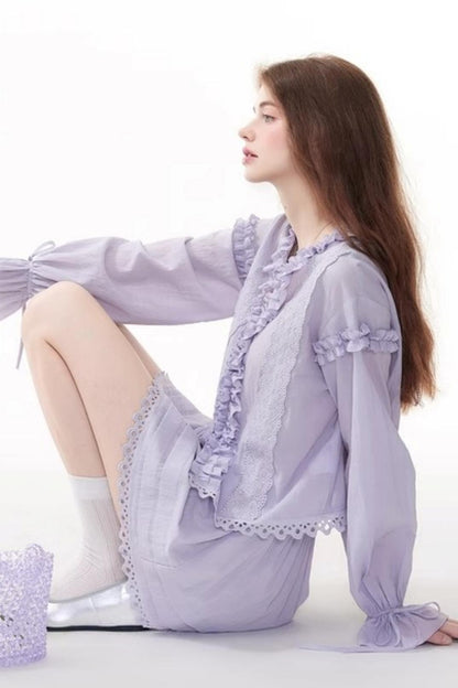 Chic Bubble Sleeve Shirt & Skirt Set-Up