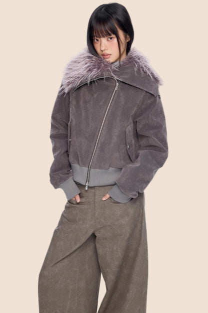 Faux Suede Fur Collar Coat