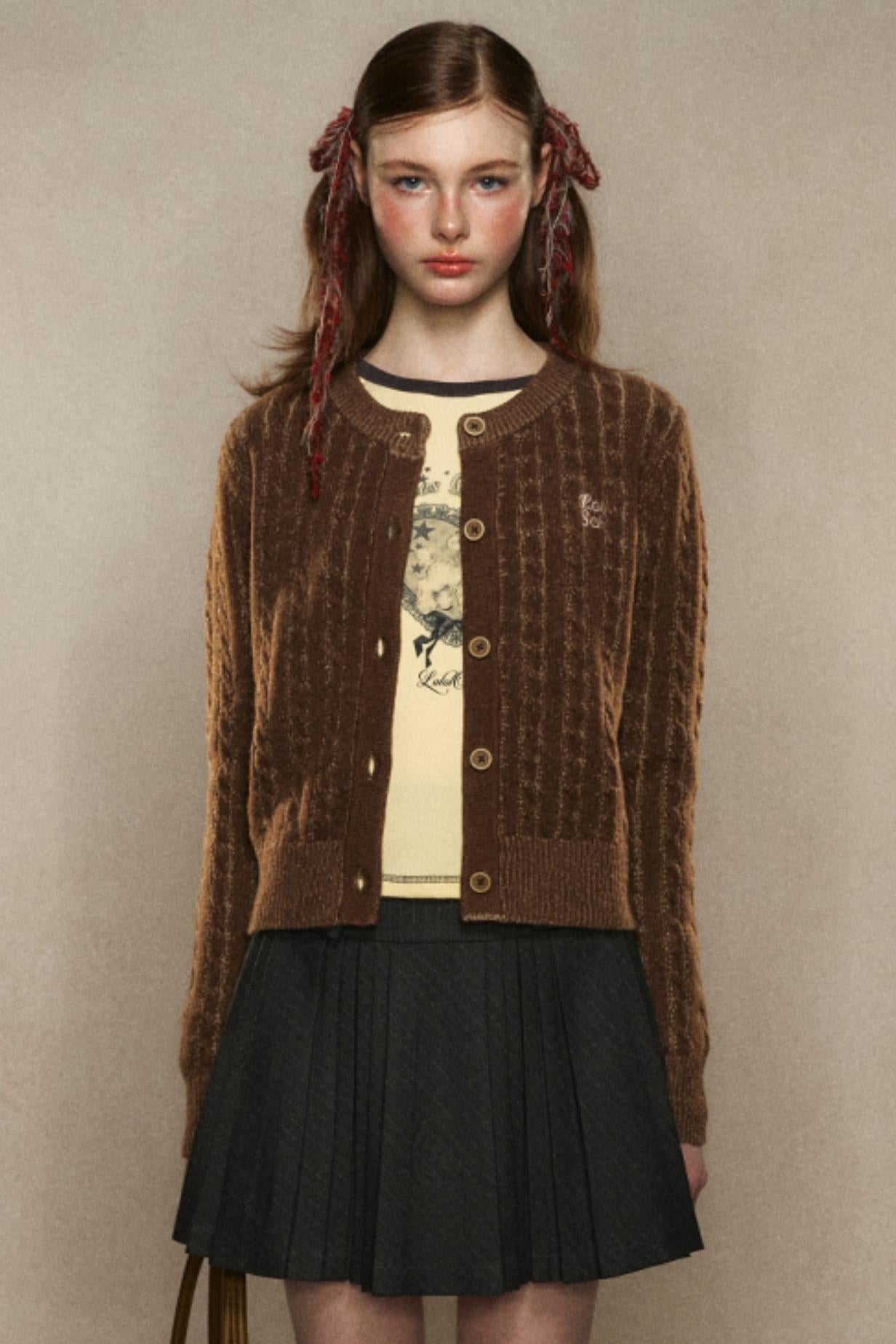 Short Twist Knit Crew Neck Cardigan