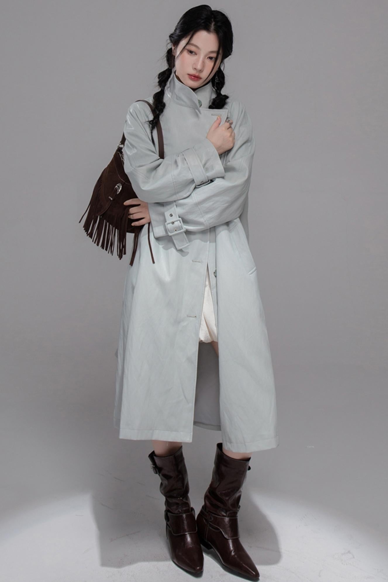 First Gray Leather Trench Coat