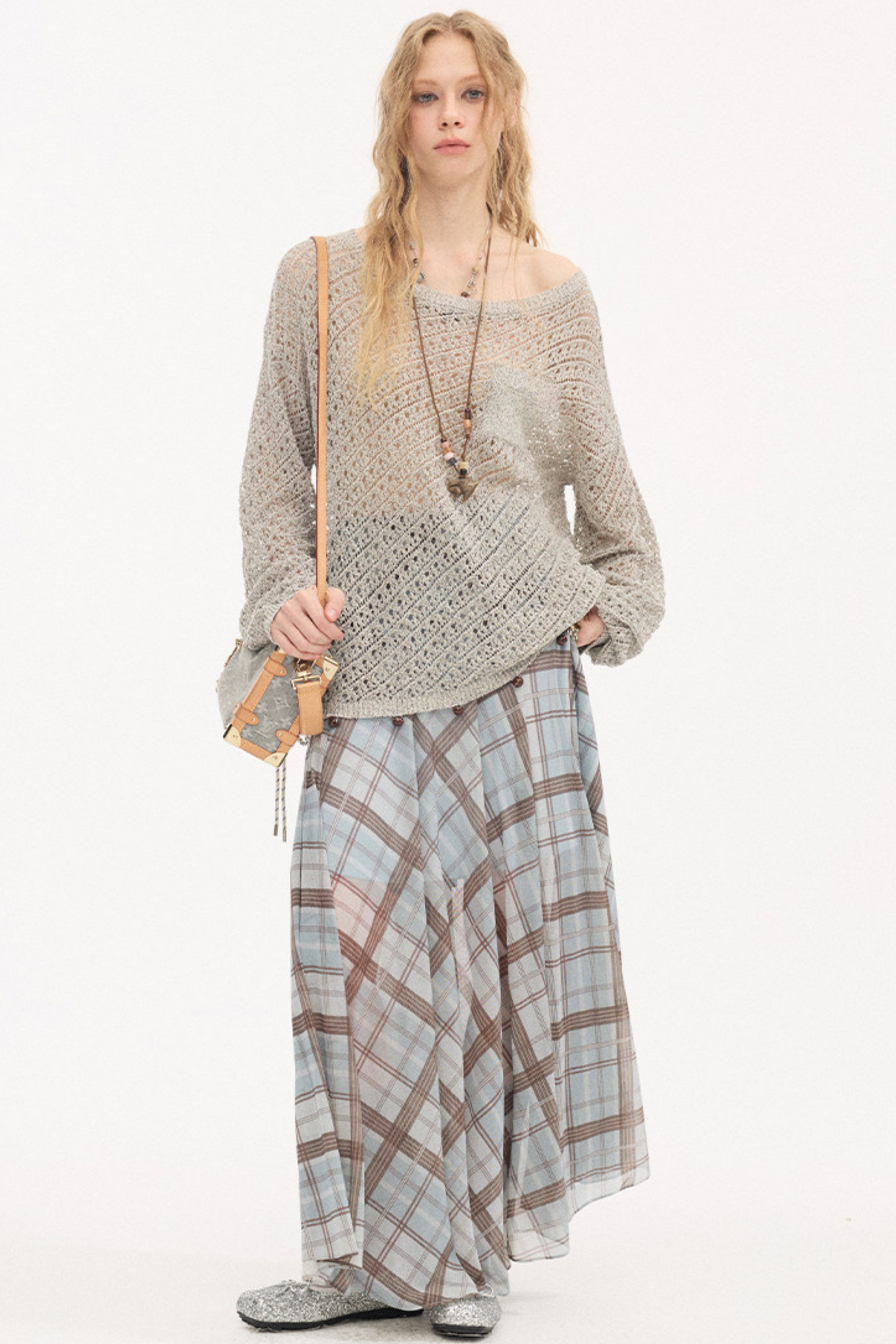 Diagonal Hollow Beaded Knit Sweater
