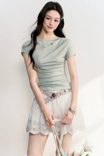 펀칭 자수 프릴 소매 상의