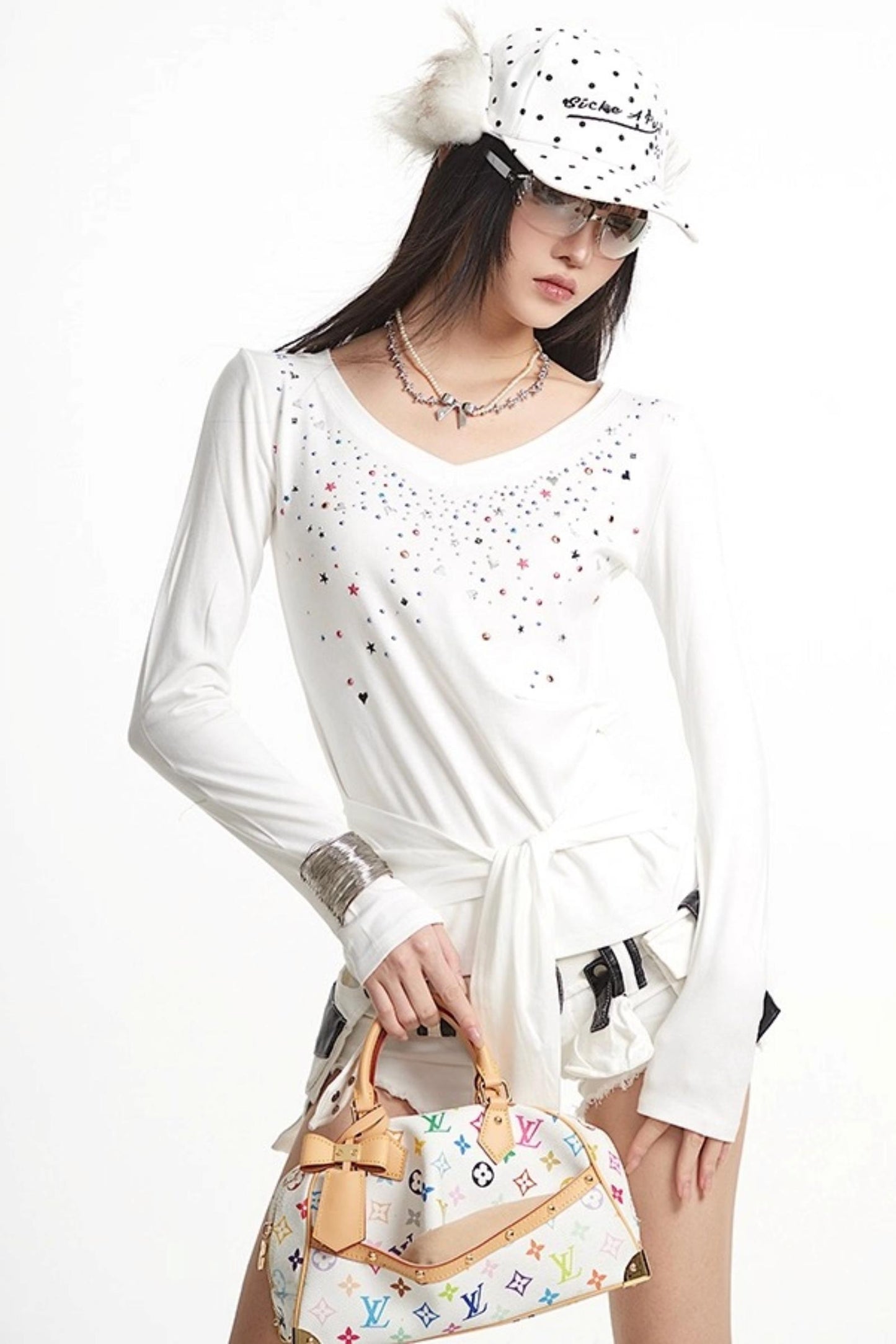 White Hot Girl V-Neck Long Sleeve T-Shirt