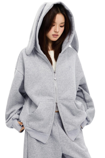 Bunny Ears Hooded Cardigan & Wide Pants Set-Up