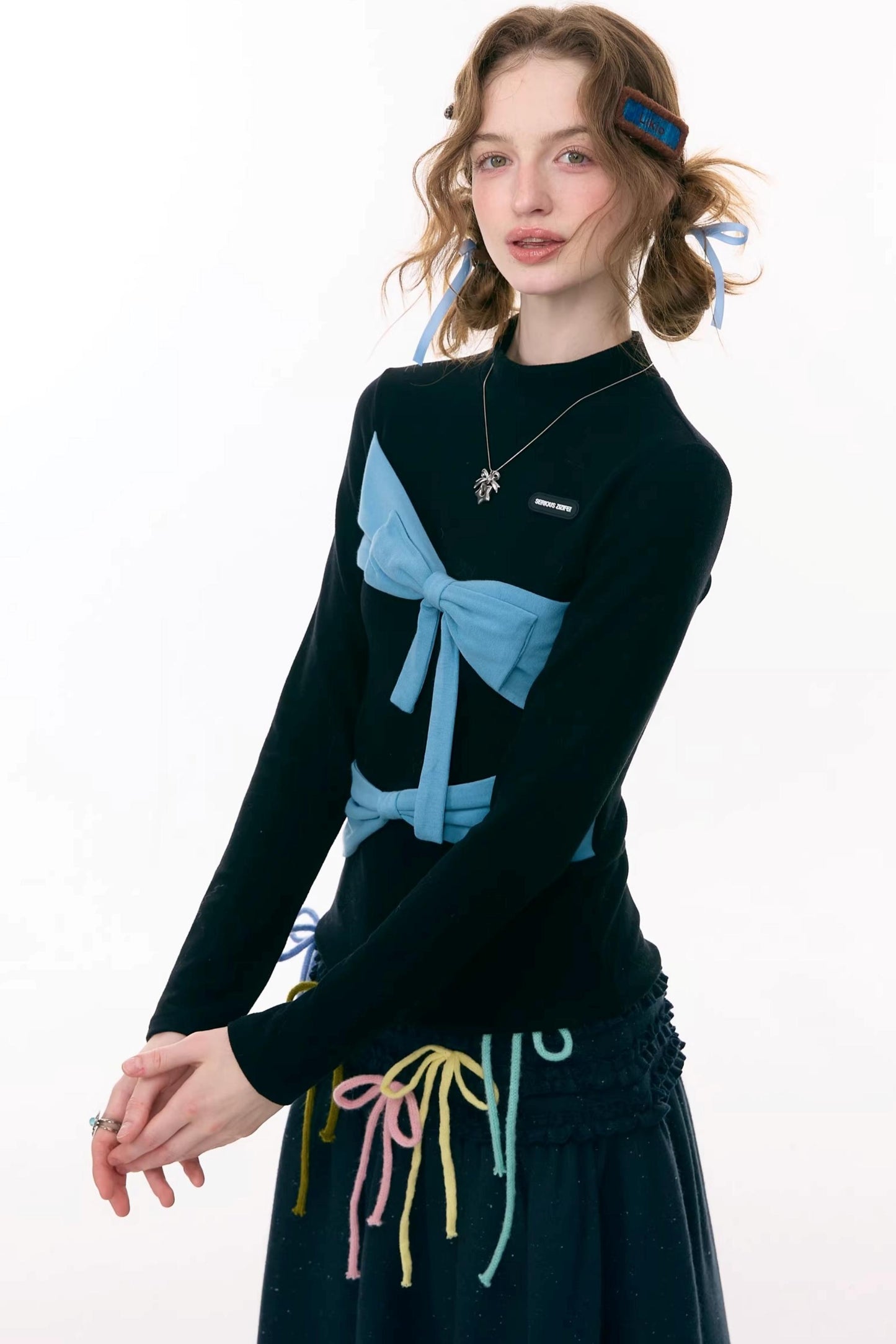 Retro Contrast Bow Knit Top