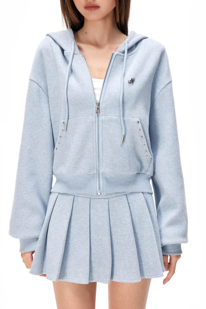 Pocket Studded Hooded Cardigan Set-Up