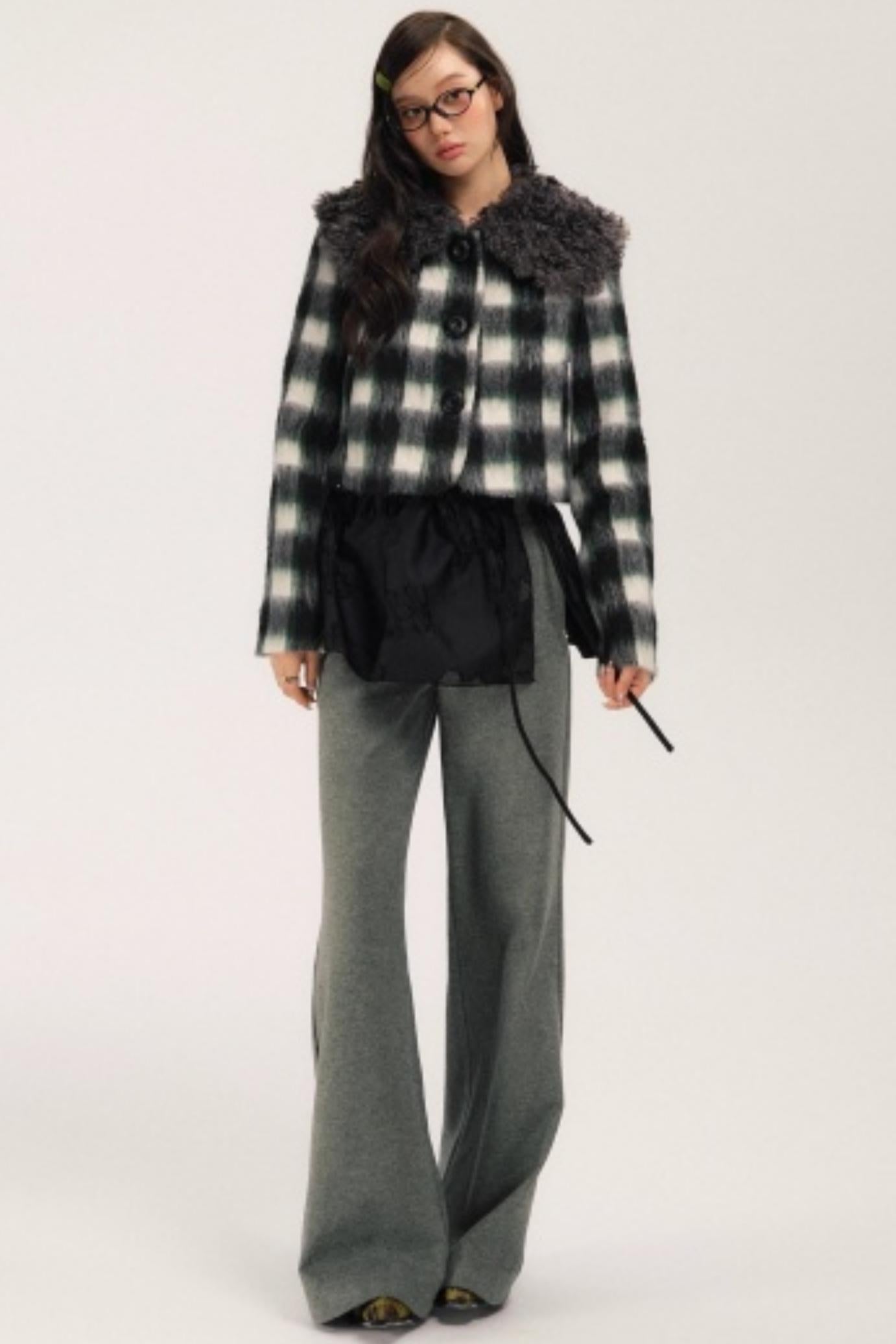 Plaid Wool Fur Collar Jacket