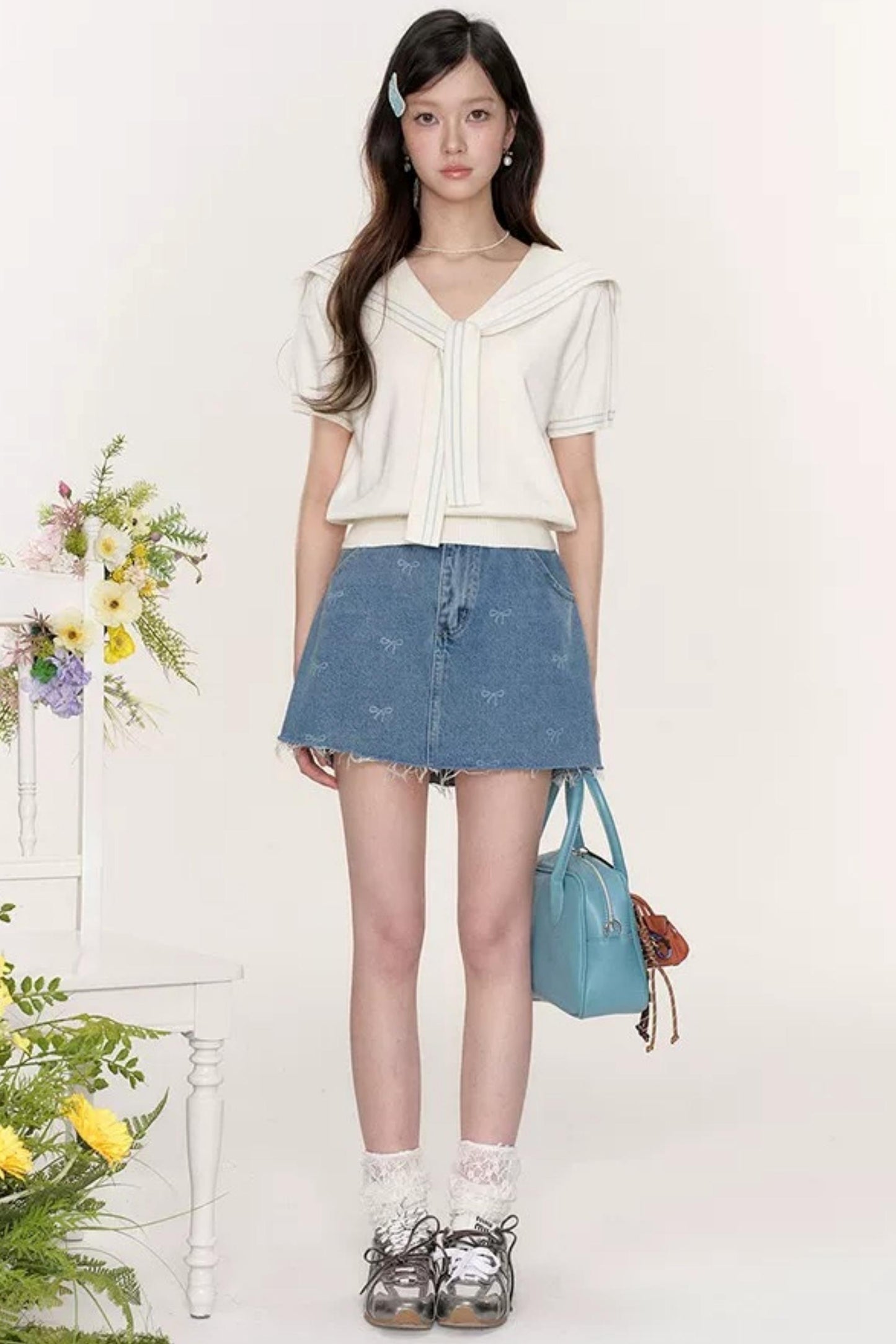 Sweet Sailor Collar Knit Top Set-Up