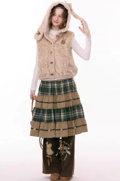 Black Leather Rabbit Hooded Vest Jacket