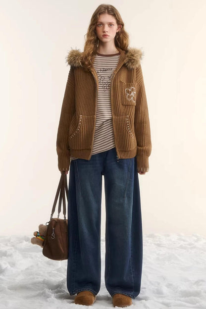 Detachable Fur Hooded Cardigan