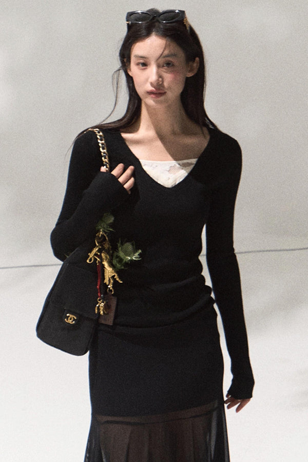 Skin Lace Wool Knit Sleeve Sweater Top