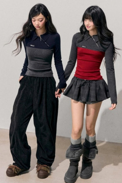 American Long-Sleeve Polo Collar Knit Top