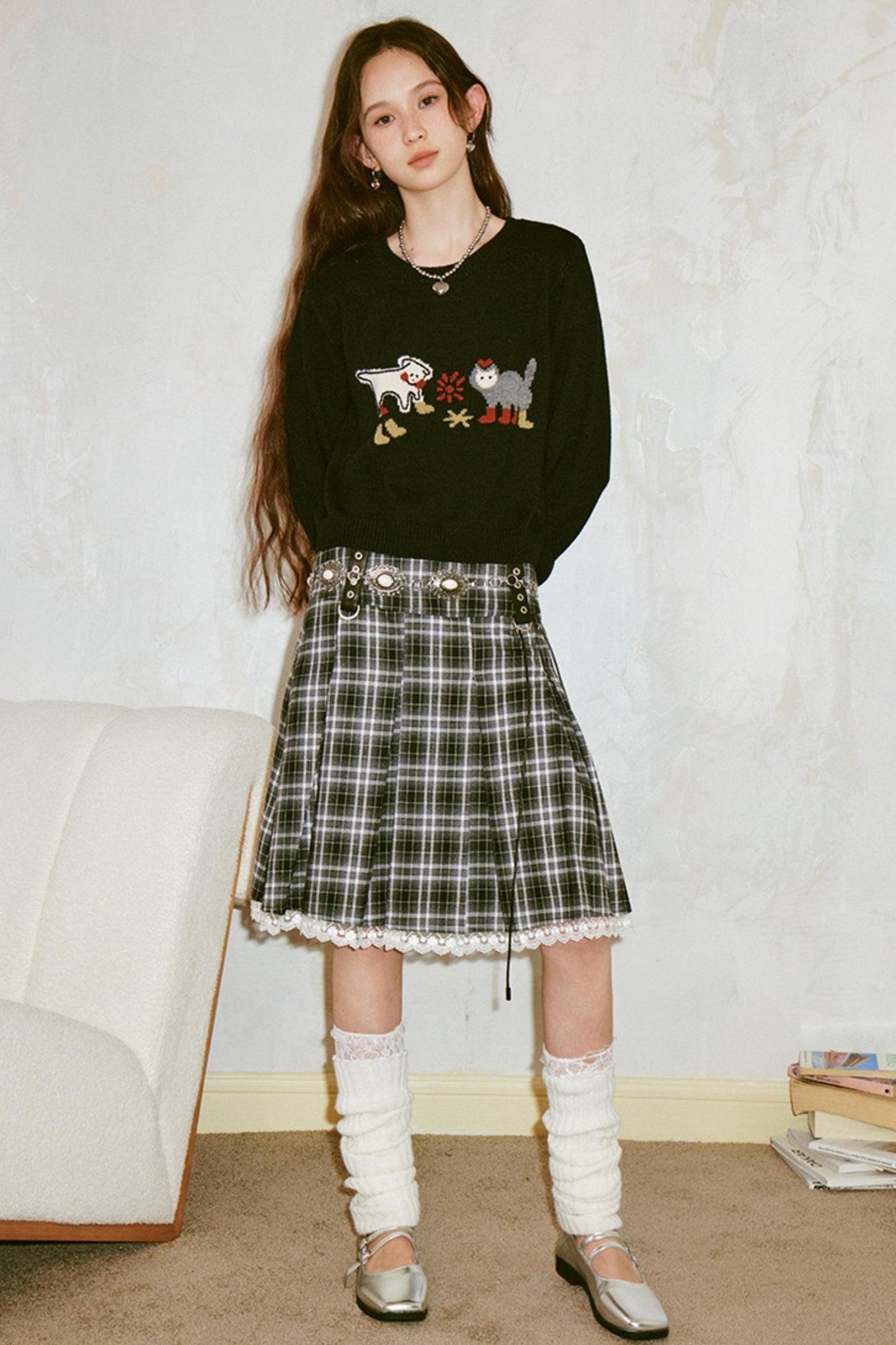 Kitten Puppy Embroidered Wool Blend Top