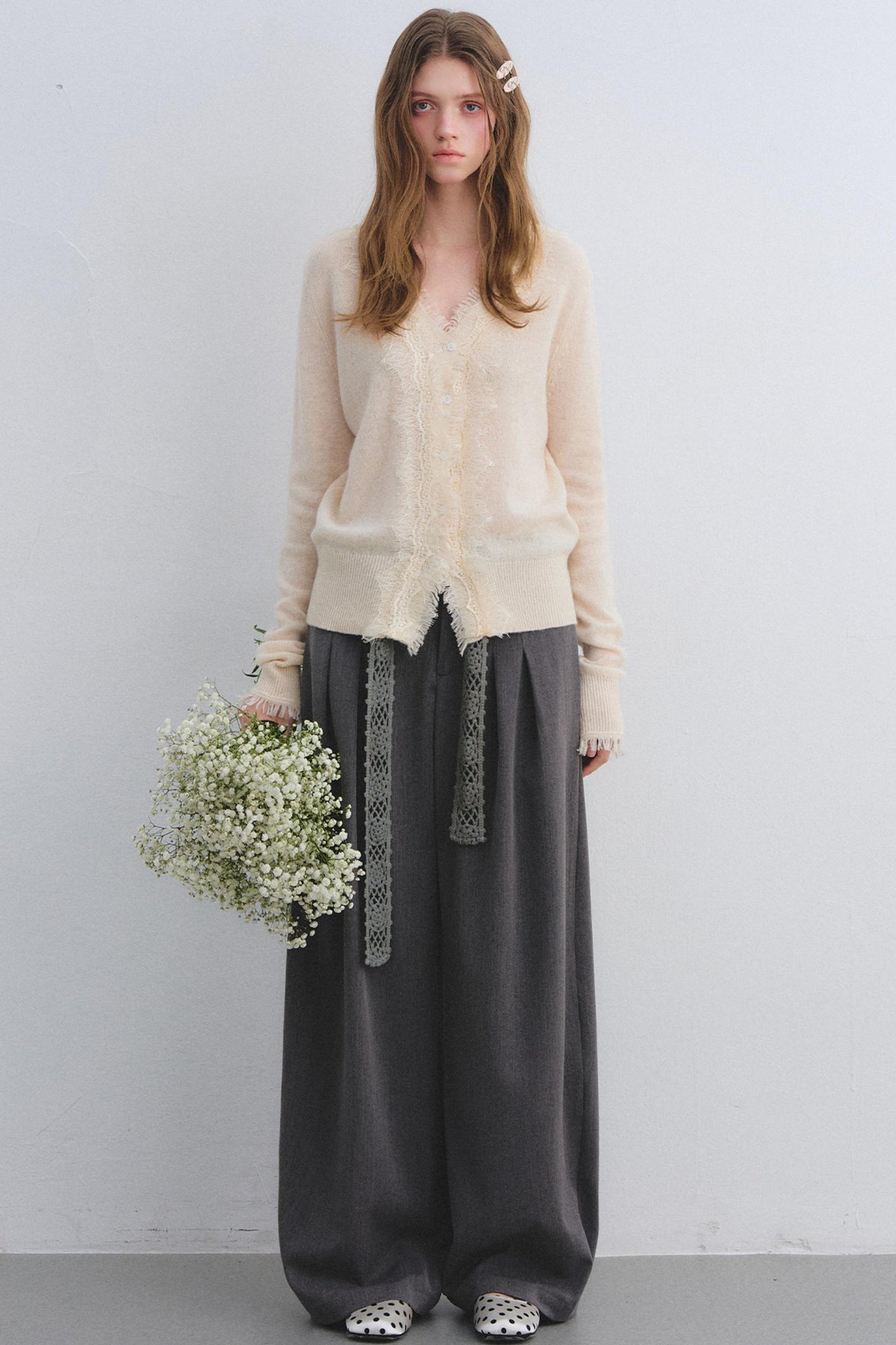 Wool Lace V-Neck Knit Top